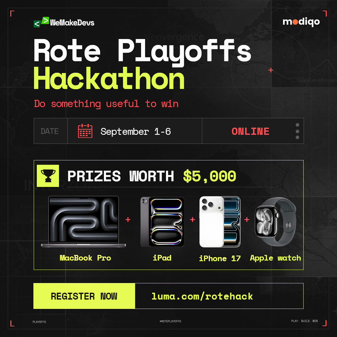 Rote Playoffs Hackathon poster with registration details and five thousand dollars in prizes.